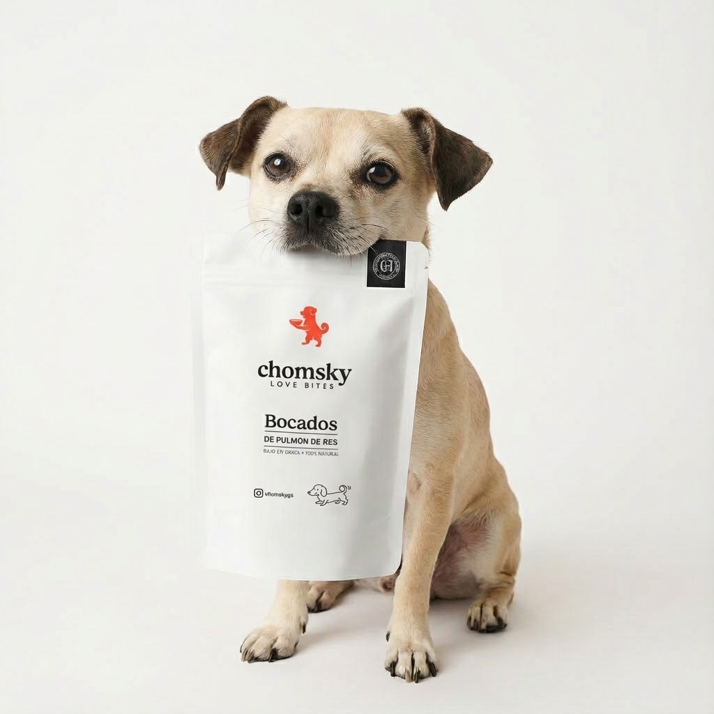 Perro feliz con snacks naturales Chomsky